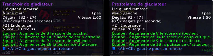Infobulles du Tranchoir de gladiateur et de la Prestelame de gladiateur