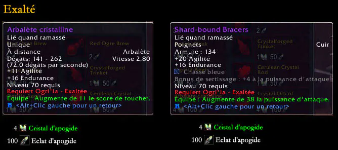 Récompenses Ogri'la au rang Exalté : Arbalète cristalline et Shard-bound Bracers