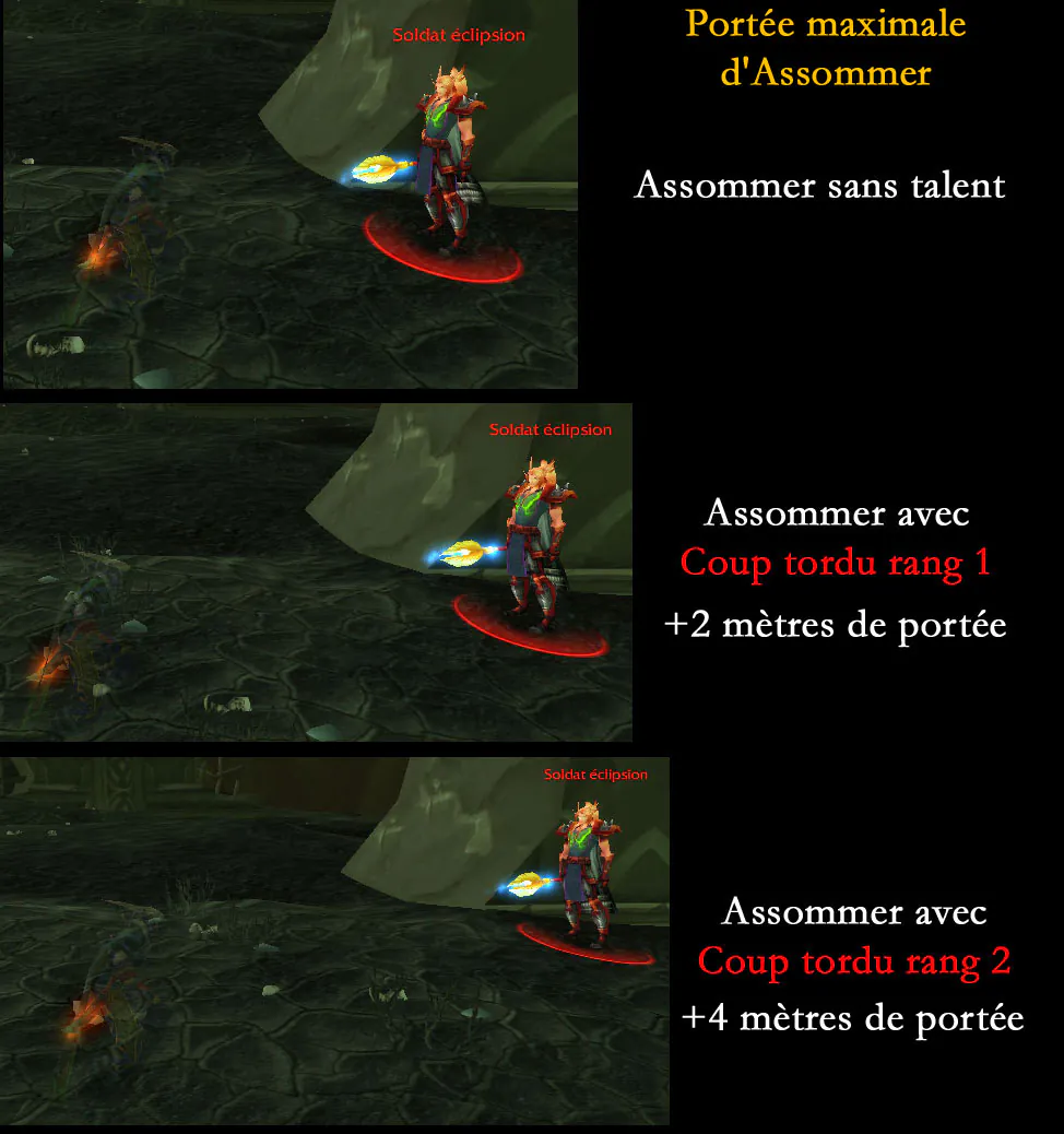 Agrandir l’illustration : Portée d'Assommer sans talent, puis avec Coup tordu rangs 1 et 2